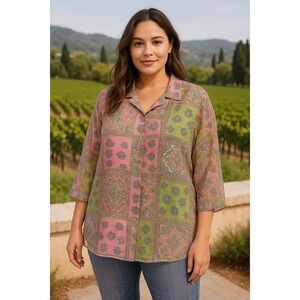 Napa‎ Valley Women's Blouse Medium M Pink Green Paisley Patchwork Sheer Button